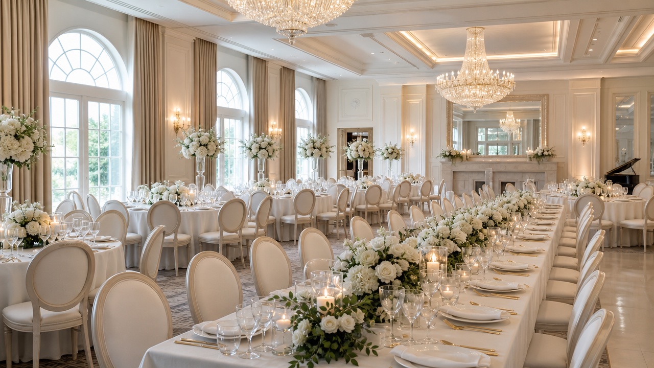 Elegancka sala weselna z nakrytymi stołami, kwiatami i żyrandolami